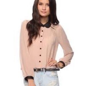 PU Leather Collar Button Down Blouse